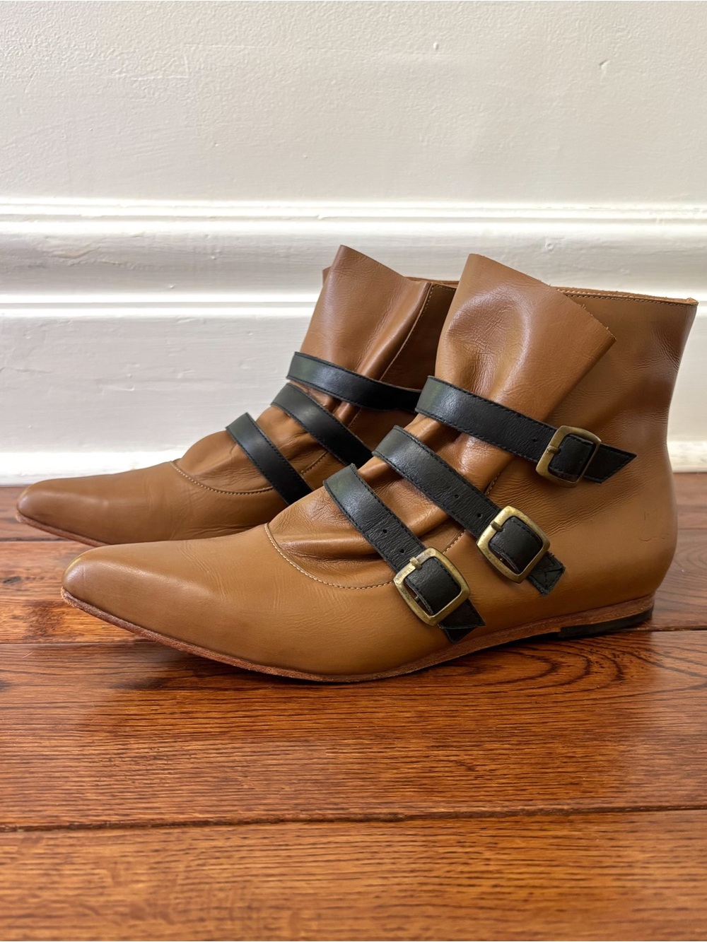 Vintage Fluevog Brown Leather Ankle Boots with Black Contrast Buckle Straps